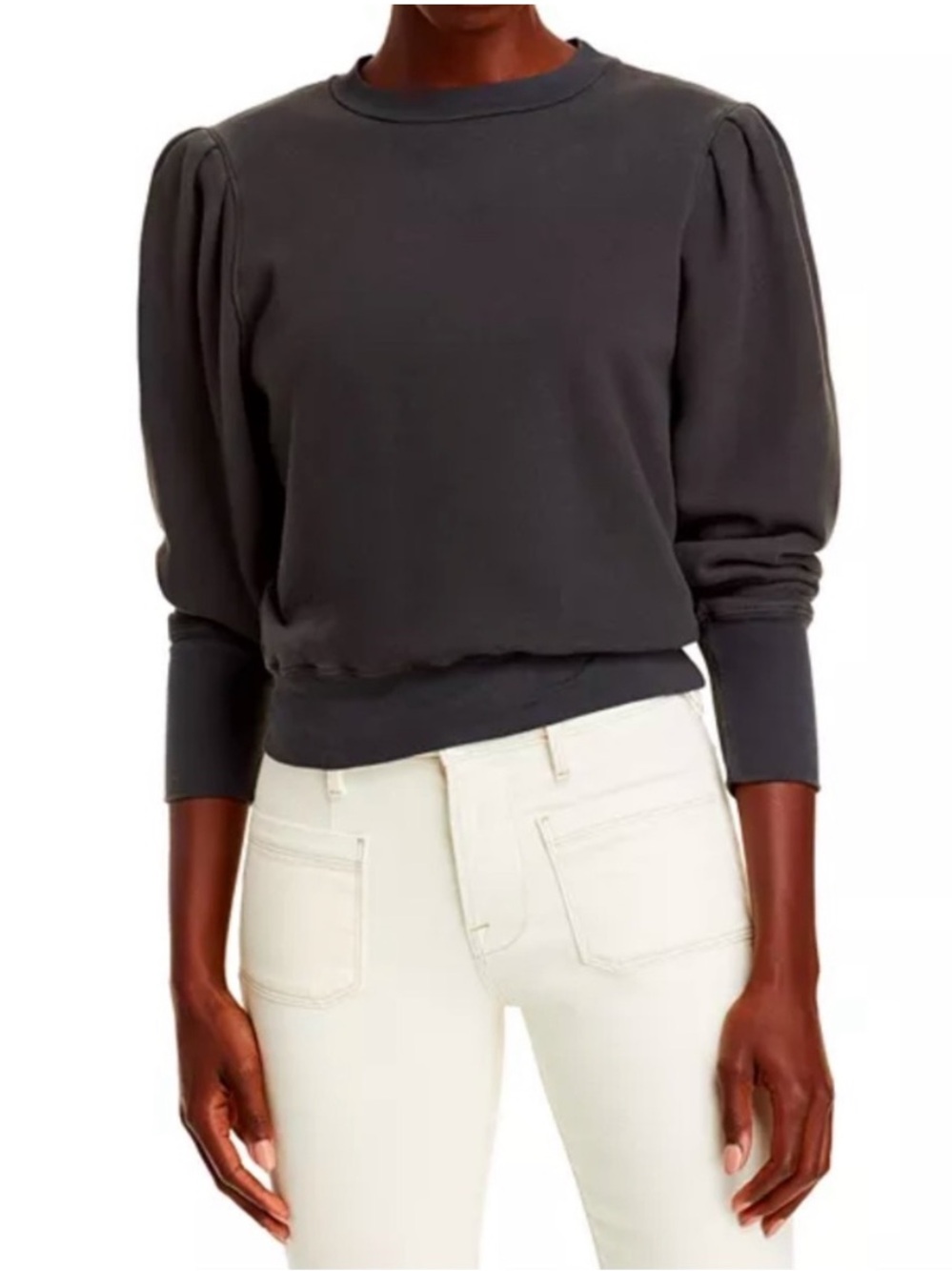 MOTHER The Curve Ball Faded Black Puff Sleeve Crewneck Sweatshirt Size Large